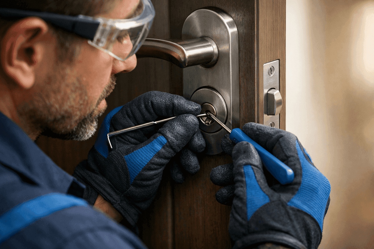 Close-up of locksmith’s hands picking a modern residential door lock with safety gear.