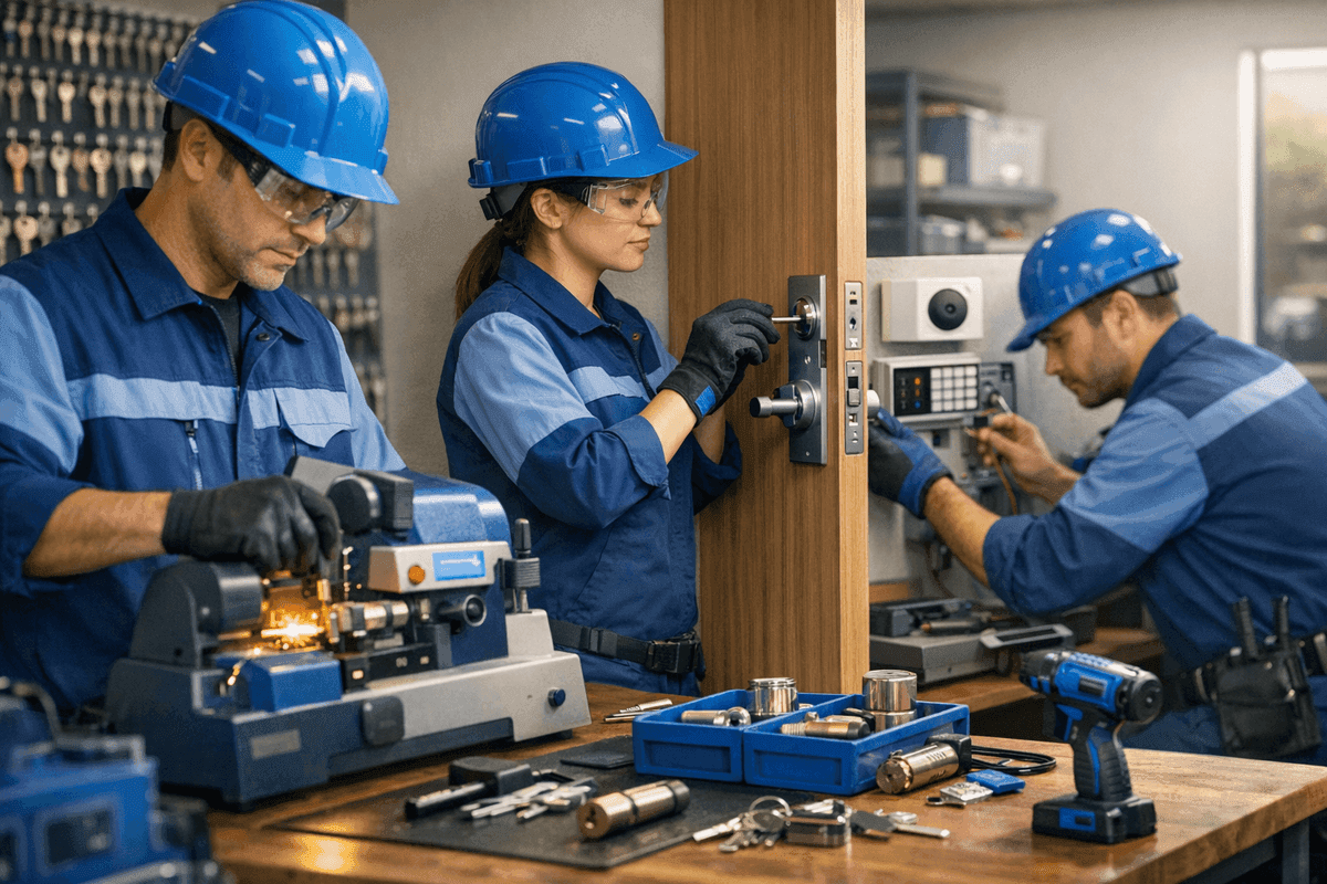Close-up of locksmith’s hands picking a modern residential door lock with safety gear.