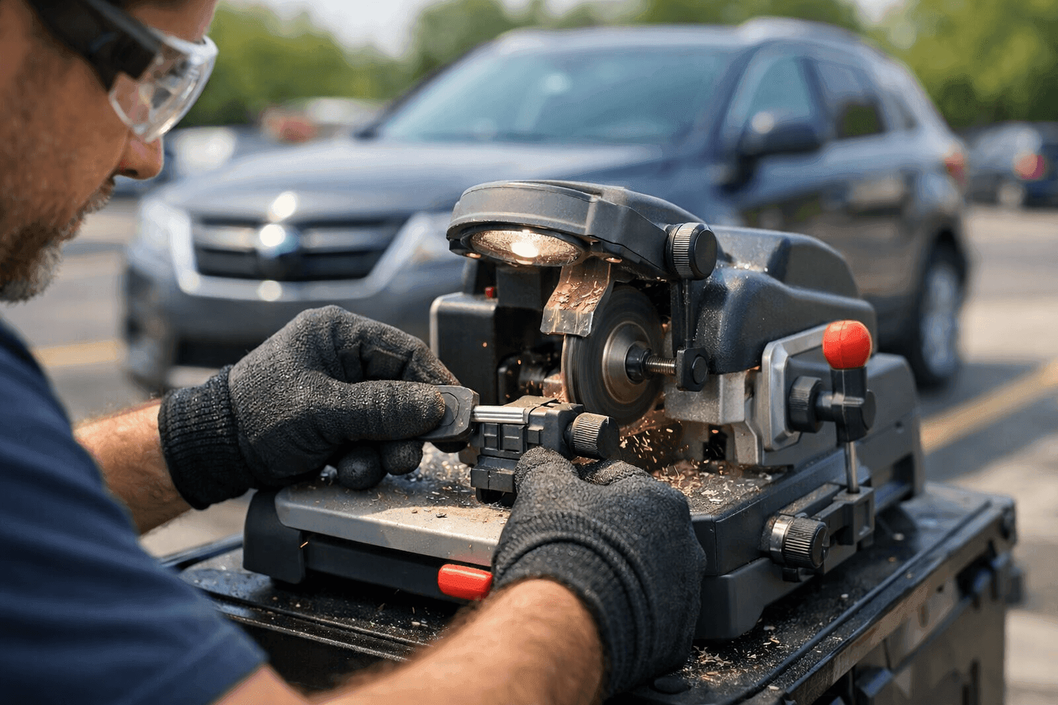 Auto locksmith making new car key for a customer in Berwyn, IL parking lot